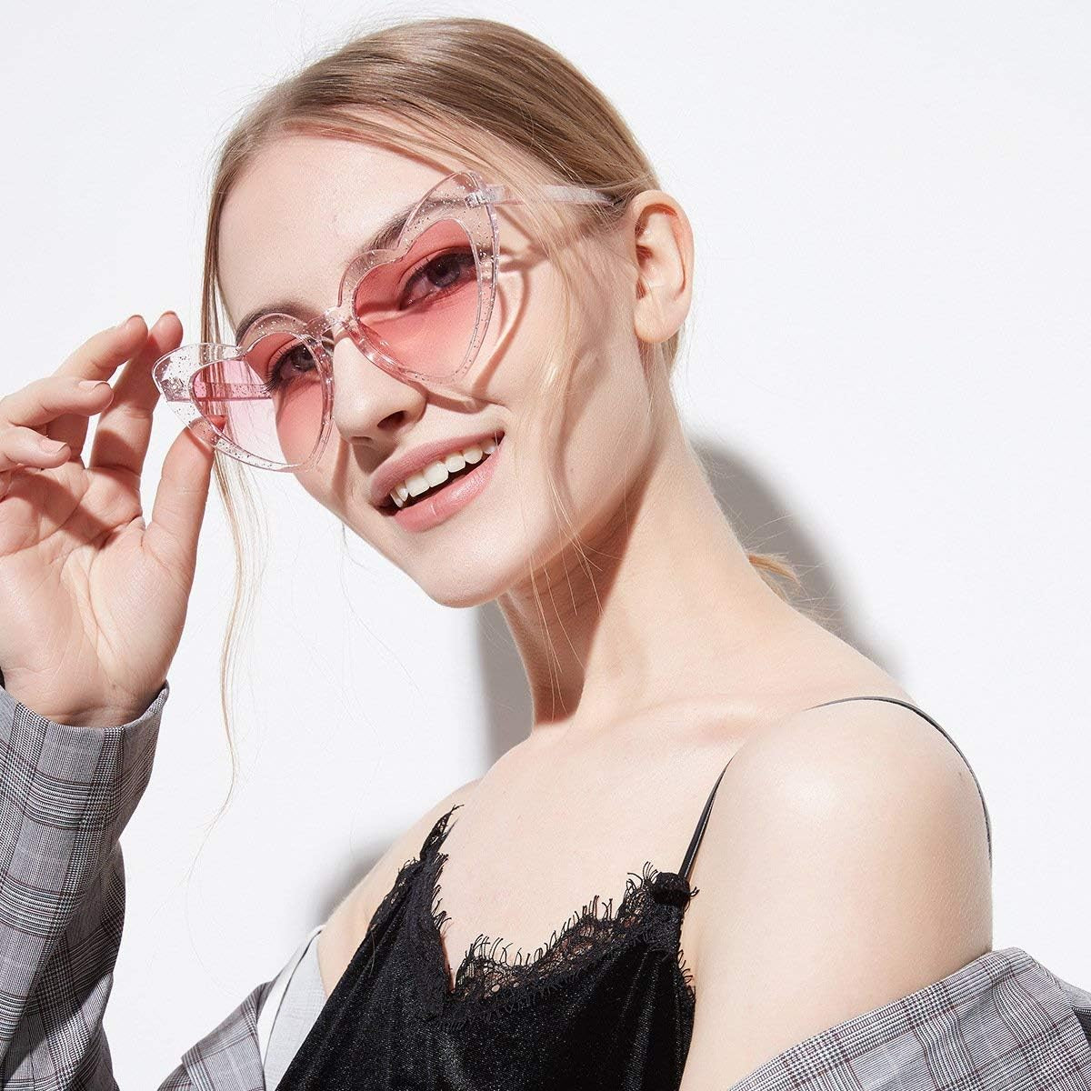 2 Pack Clout Heart Shaped Sunglasses Goggles Vintage Cat Eye Mod Style Retro Kurt Cobain Glasses (Glitter*2)